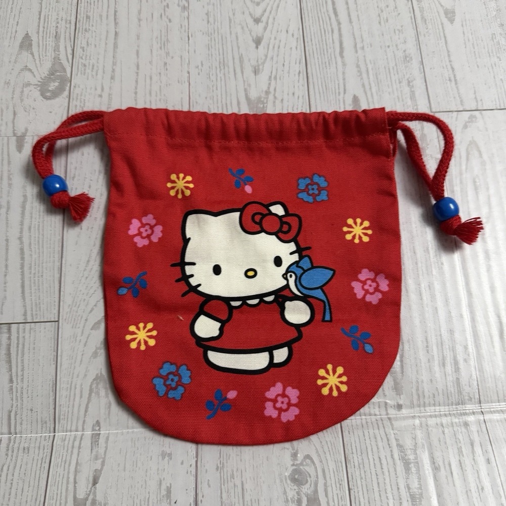 Hello Kitty 2002 Vintage Red Drawstring Bag With Blue Birds Pouch Makeup Change‎